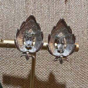 Vintage Signed Sarah Coventry Rhinestone Brushed Silver Tone Clip on Earrings